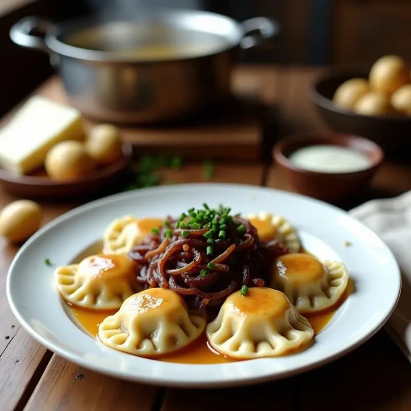 Pierogi Polacos: Empanadillas Rellenas de Patata y Queso en Olla con Cebolla Caramelizada