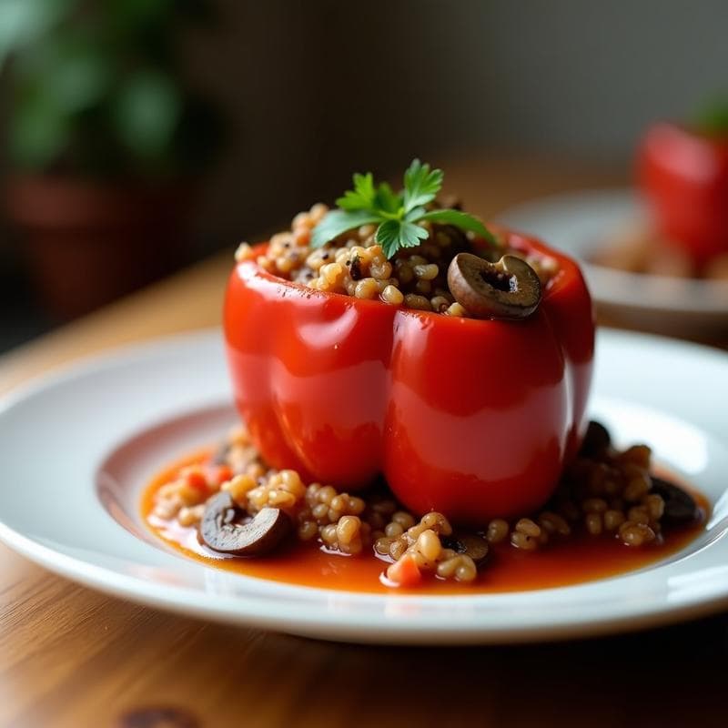 Pimiento Relleno de Arroz Salvaje y Champiñones con Salsa de Tomate Casera: Receta Vegana en Olla Express