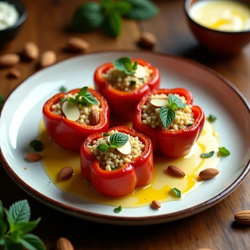 Pimiento Rellenos de Couscous y Pasas con Salsa de Yogur: Receta Marocí Vegana en 30 Minutos