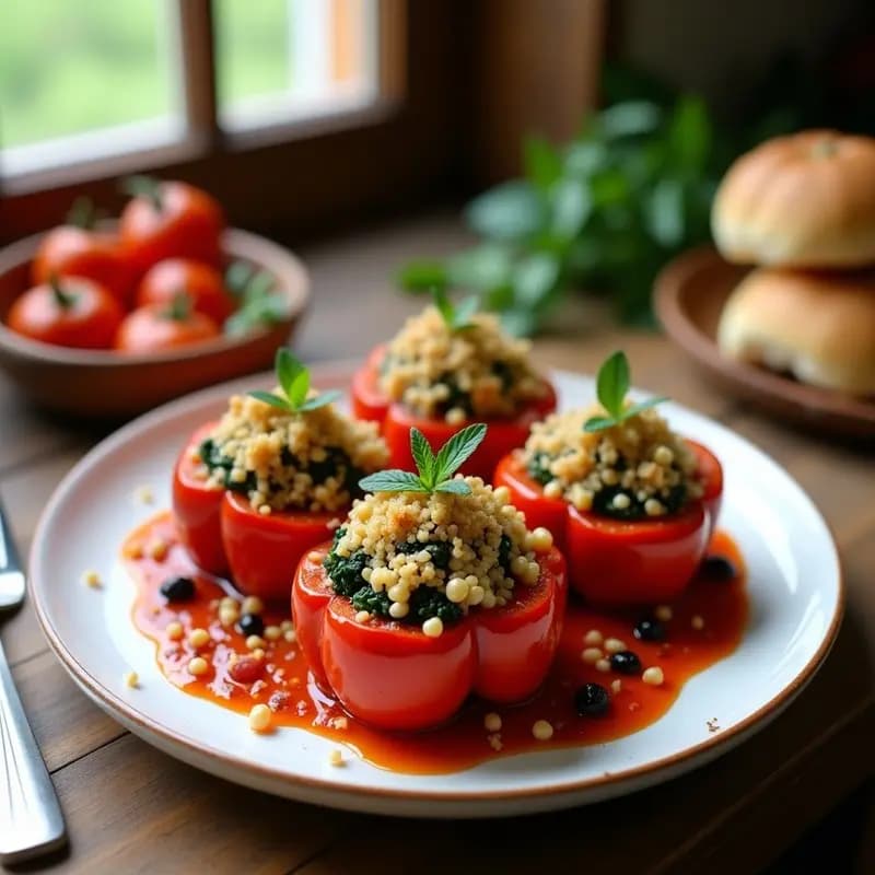 Pimientos Rellenos de Quinoa y Espinacas con Salsa de Tomate Casera: Receta Griega Sin Lactosa