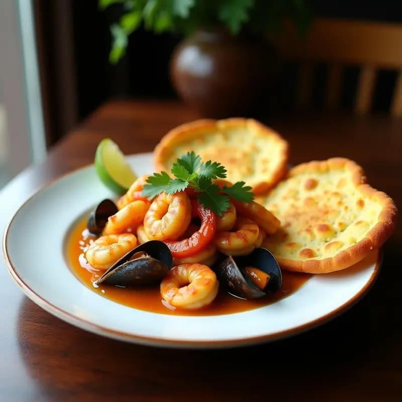 Piscarina de Mariscos al Ajillo con Pan de Yuca: Receta Colombiana en Sartén