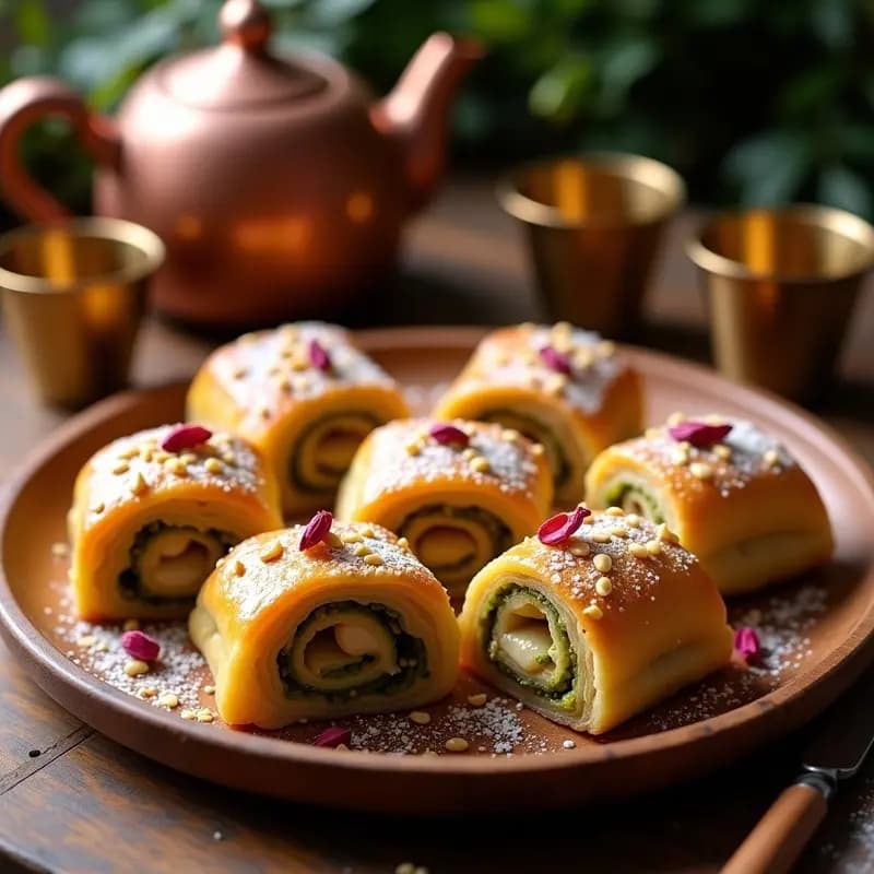 Pistachio Baklava Rolls con Rosa y Cardamomo: Postre Turco Crujiente