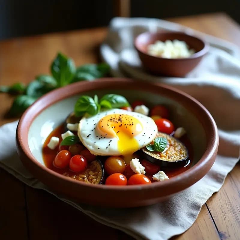 Pisto de Berenjena y Pimiento con Huevo Poché: Receta Española Keto en Sartén