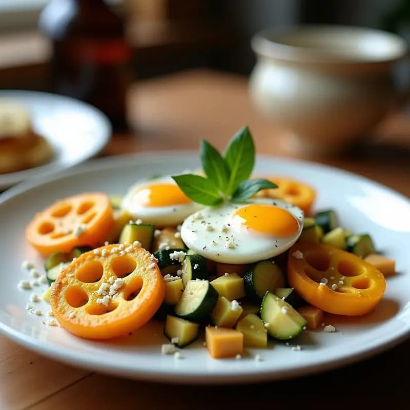 Pisto de Calabacín y Flor de Calabaza con Huevos de Codorniz: Receta Española en Airfryer