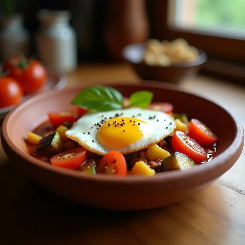 Pisto con Huevo Poché y Ventresca: Receta Manchega Gourmet