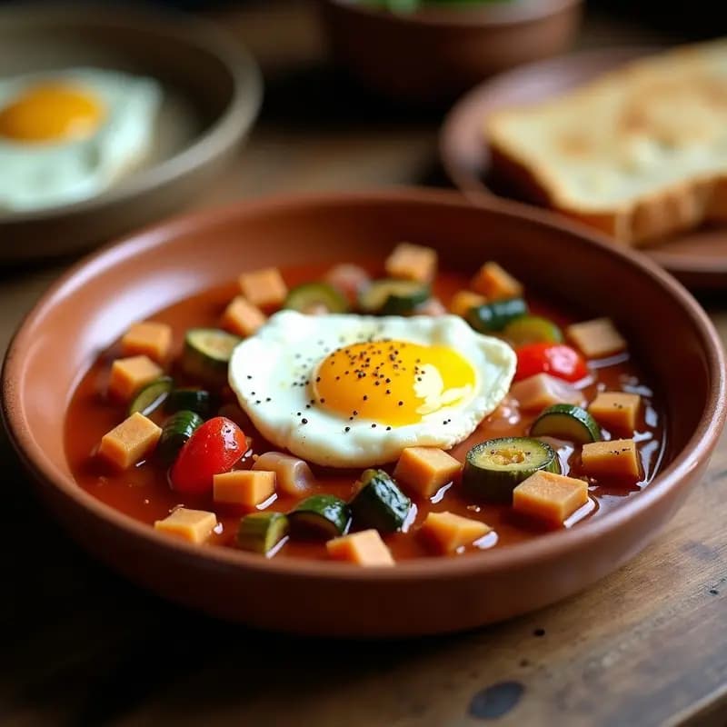 Pisto Manchego con Huevo Escalfado y Jamón Serrano: Receta de Aprovechamiento