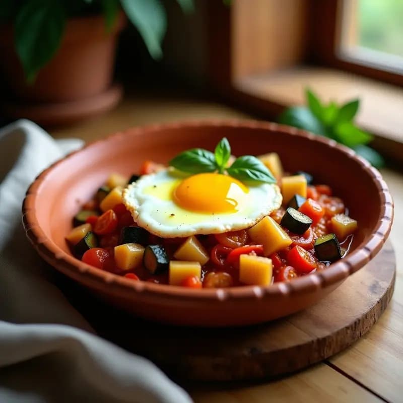 Pisto manchego con Huevo Escalfado: Receta Española Vegana en Sartén