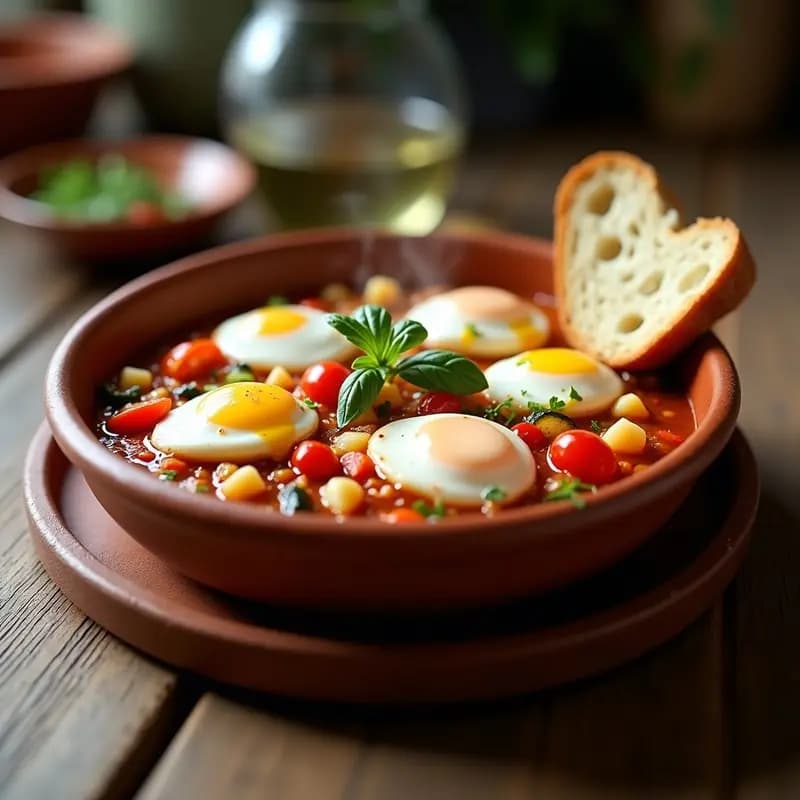 Pisto manchego con huevo escalfado y panceta ibérica: Receta de cuchara tradicional