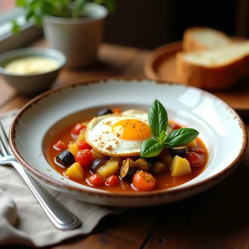 Pisto Manchego con Huevo Poché: Receta Española Vegetariana con Toque de Azafrán