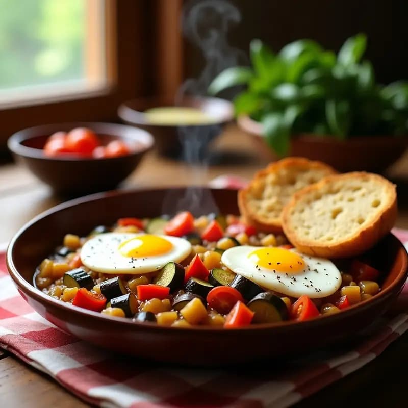 Pisto Manchego con Huevos Escalfados y Pan de Pueblo: Receta de Verano sin Horno