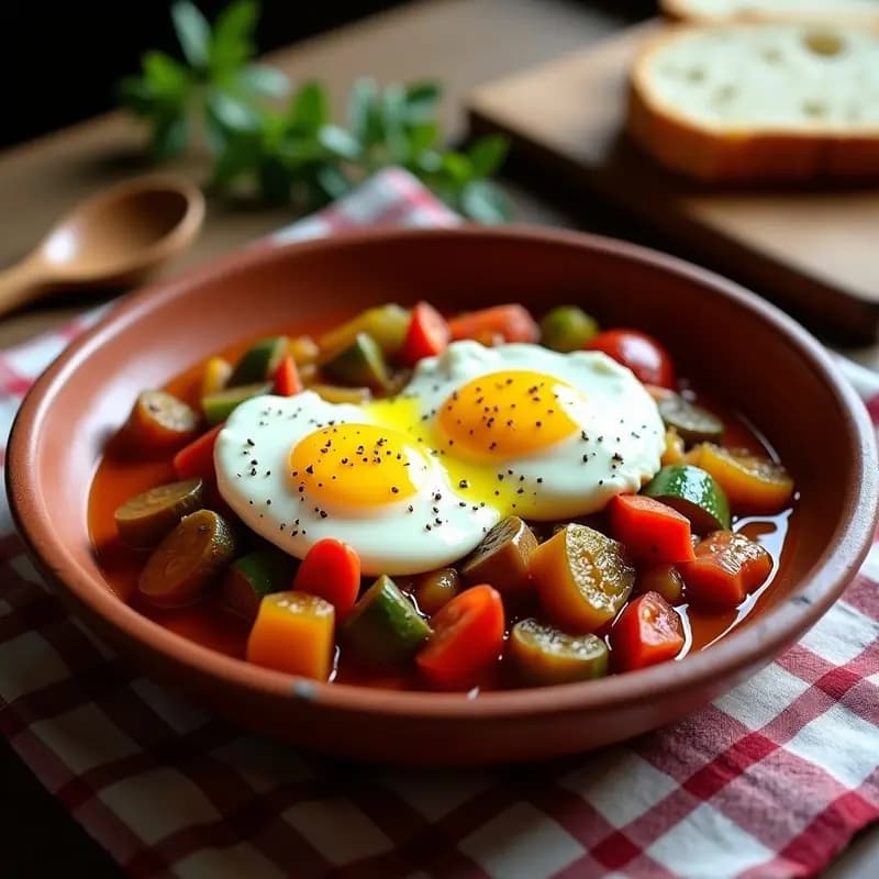 Pisto Manchego con Huevos Escalfados: Guiso de Verduras de Cuchara Fácil y Nutritivo