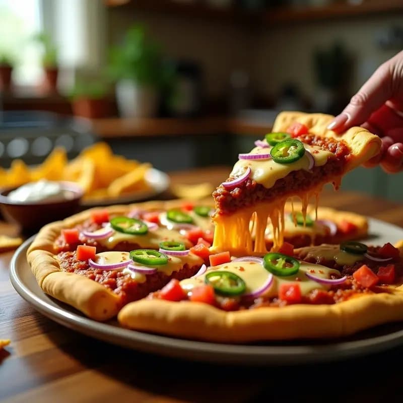 Pizza de 3 Capas con Base de Nachos, Queso derretido y Toppings de Tacos Picantes: La Explosión Mexicana en un Plato