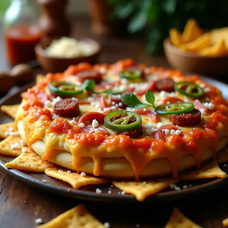 Pizza de 3 Pisos con Base de Nachos, Queso Fundido y Chorizo Picante: Explosión de Sabores para Fiesteros