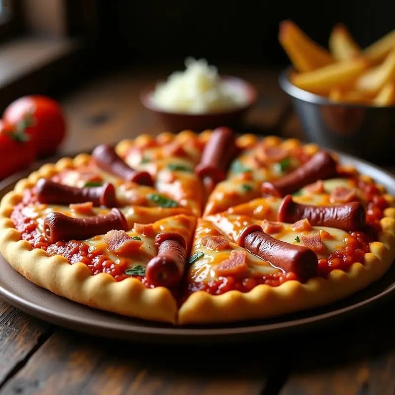 Pizza 4 Carnes con Base de Macarrones y Salsa Barbacoa: Explosión de Sabores en Cada Bocado