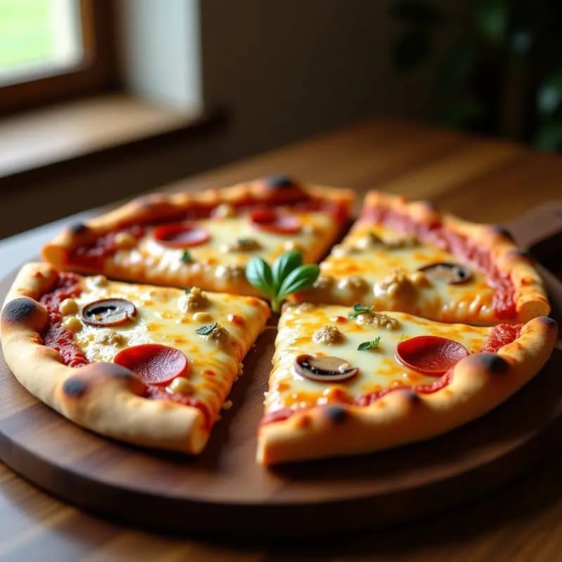 Pizza 4 Estaciones con Extra Queso, Pepperoni, Champiñones y Alcachofas: La Cena que Todos Piden