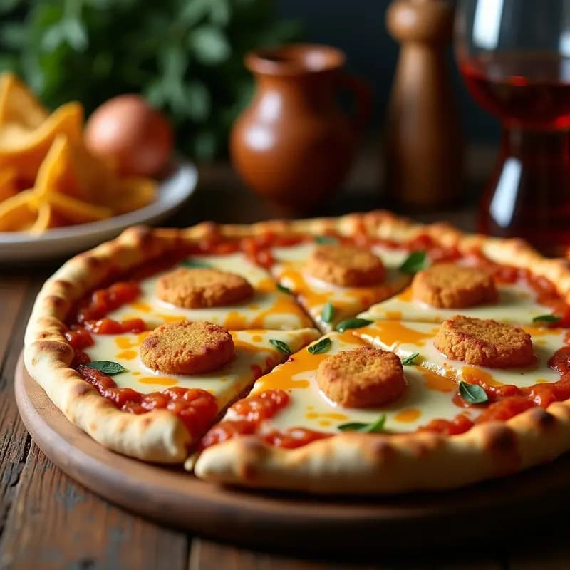 Pizza 4 Estaciones Extremas con Base de Macarrones Fritos y Toppings de Nachos, Nuggets y Mozzarella Extra
