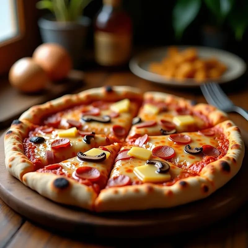 Pizza 4 Estaciones Extremas: Pepperoni, Jamón, Champiñones y Piña con Extra Queso Mozzarella Derretido