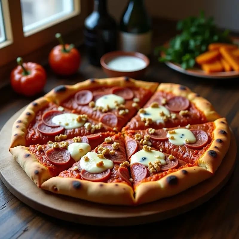 Pizza de 5 Carnitas con Salsa de Queso Azul y Miel: Cheat Meal Extremo para 4 Personas