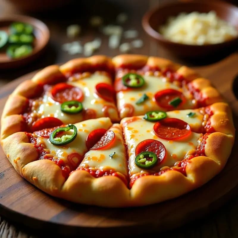Pizza 5 Quesos con Base de Macarrones y Toppings de Pepperoni y Jalapeños: Explosión de Sabor en Cada Bocado