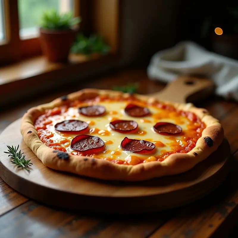 Pizza 5 Quesos con Base de Pan de Ajo y Toppings de Chorizo y Caramelo Salado: Delicia Crujiente para Noches de Pecado