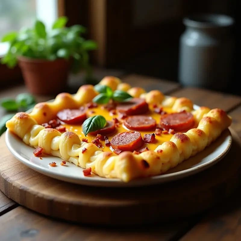 Pizza de Base de Macarrones con Salsa Alfredo y Tres Tipos de Carne: Cheat Meal Extremo para Compartir