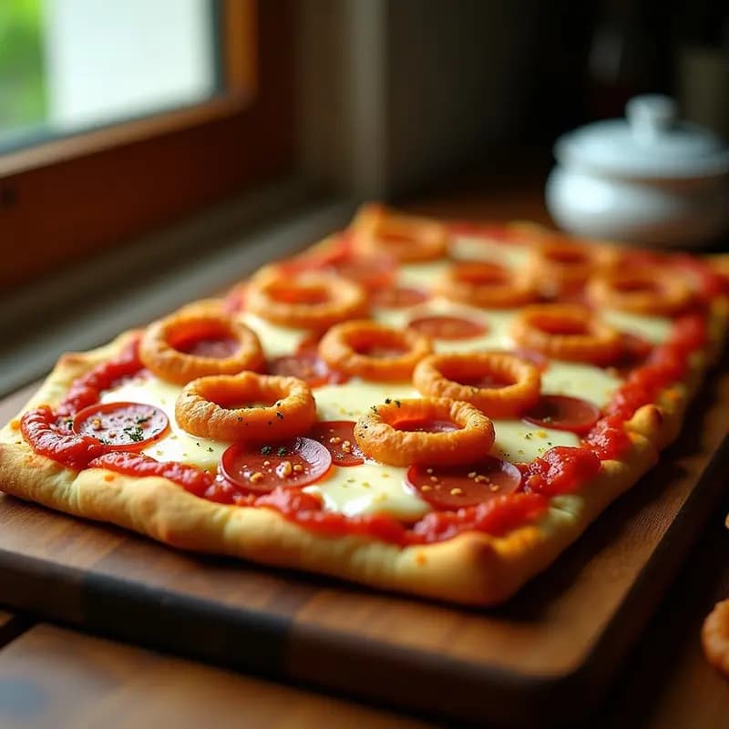 Pizza de Base de Patata con Pepperoni Mozzarella y Aros de Cebolla Fritos: Carbohidratos sobre Carbohidratos