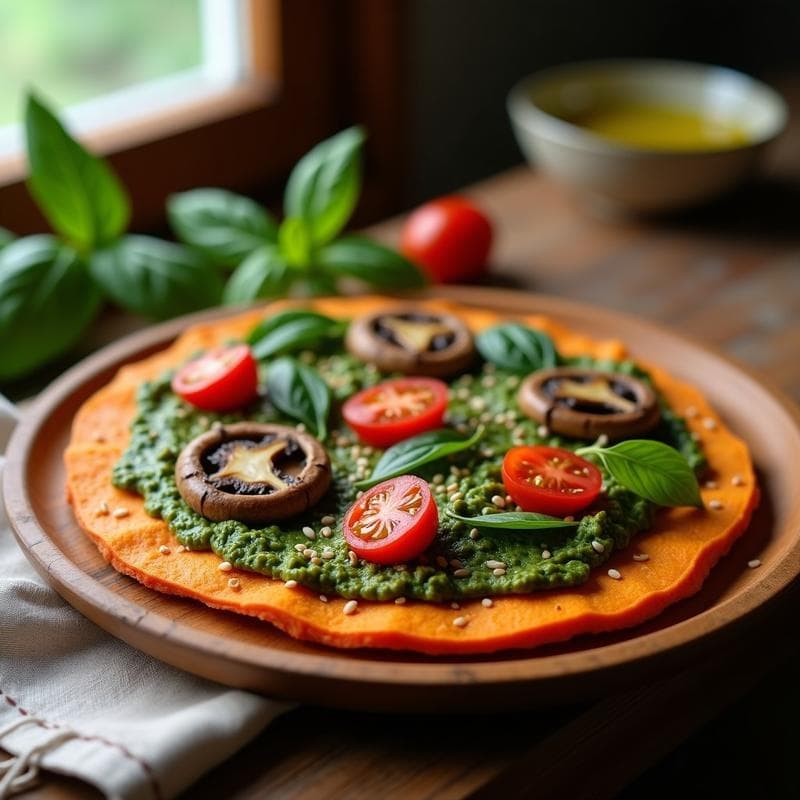 Pizza de Batata Dulce con Pesto de Espinacas y Champiñones: Receta Vegana y Sin Gluten