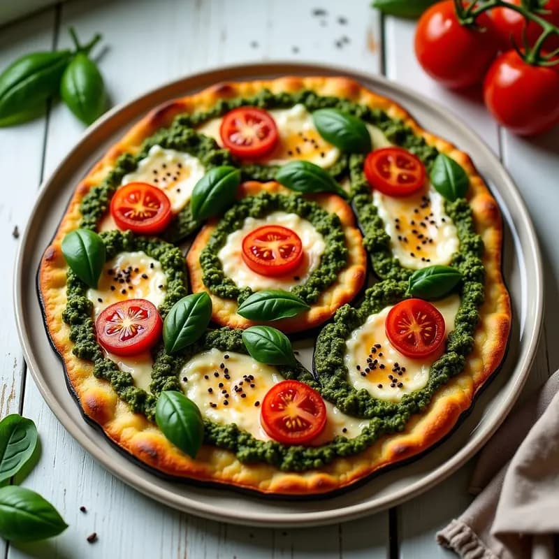 Pizza de Berenjena en Espiral con Pesto de Espinacas y Queso de Anacardo: Receta Sin Gluten