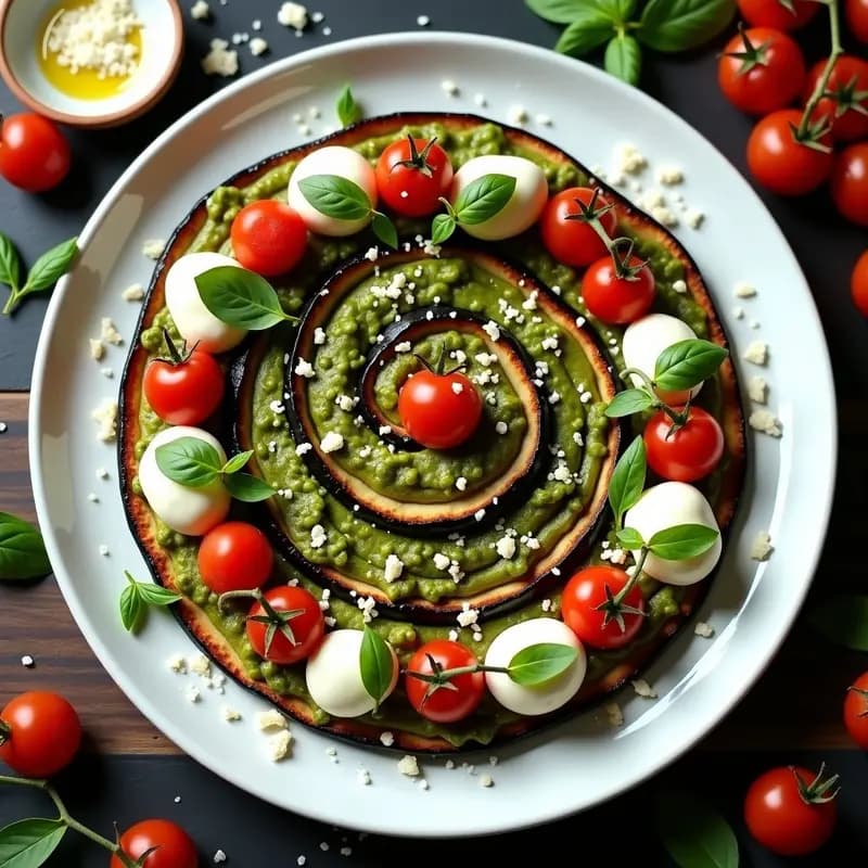 Pizza de Berenjena en Espiral con Pesto de Albahaca y Tomates Cherry: Receta Keto Sin Horno