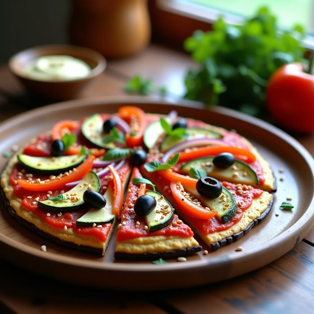 Pizza de Berenjena con Hummus y Vegetales Asados: Receta Keto Sin Horno