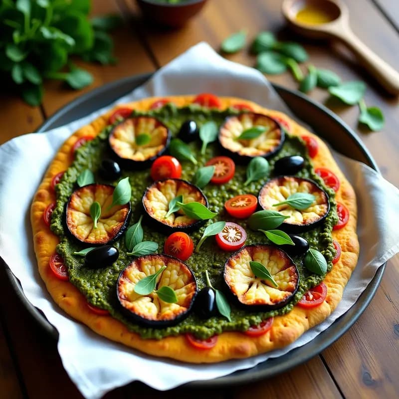 Pizza de Berenjena con Base de Lentejas Rojas y Pesto de Espinacas: Receta Vegana Keto