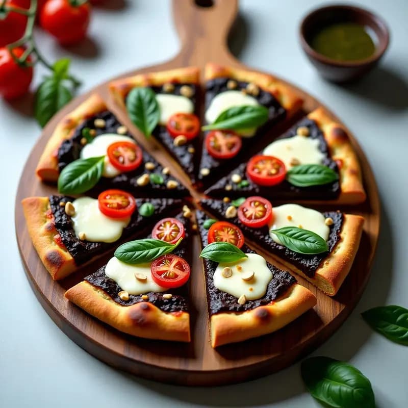 Pizza de Berenjena con Pesto de Albahaca Negra y Queso de Castañas: Receta Italiana Sin Harina