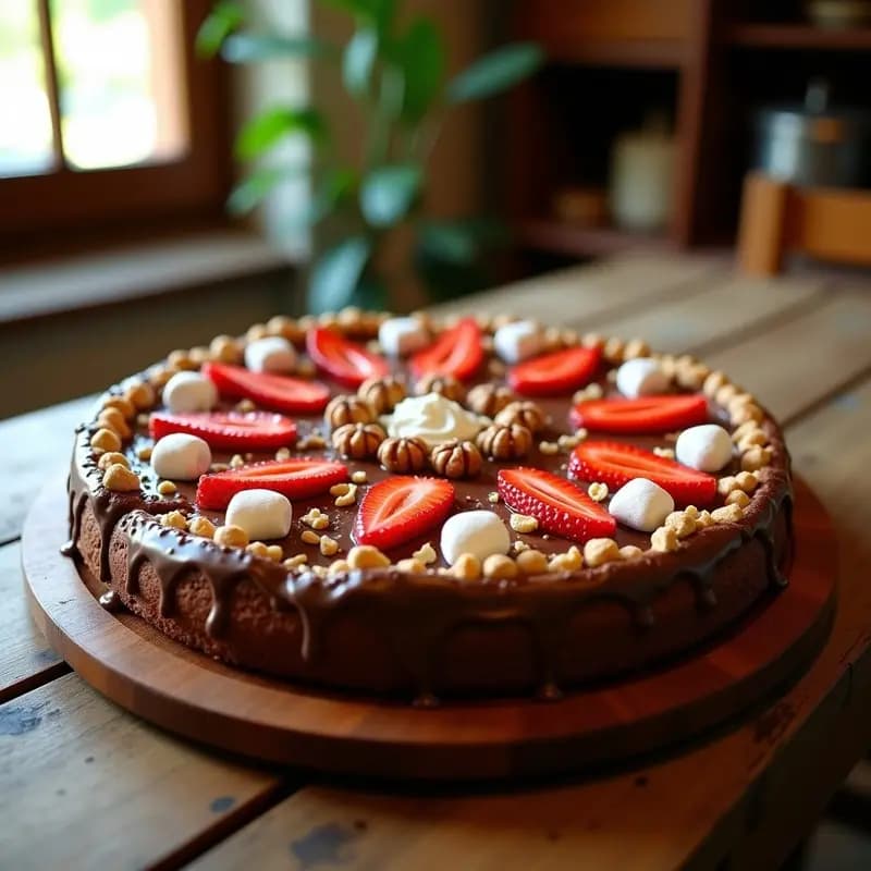 Pizza de Postre con Base de Brownie, Nutella, Fresas y Marshmallows: Decadencia en Formato XXL
