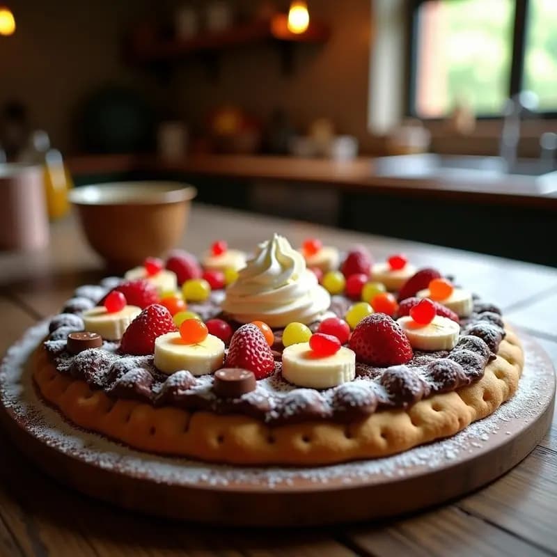 Pizza de Chocolate con Base de Galleta, Crema de Avellana y Toppings de Frutas: Postre en Formato Pizza