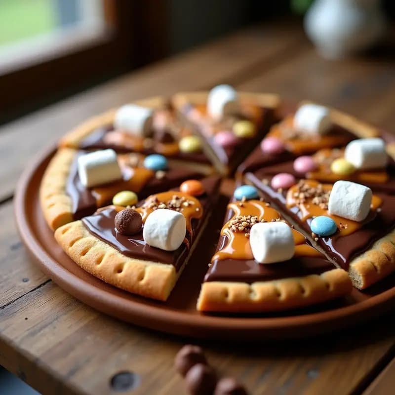 Pizza de Chocolate con Base de Galleta, Salsa de Caramelo y Toppings de Malvaviscos y Lacasitos: Postre en Forma de Pizza