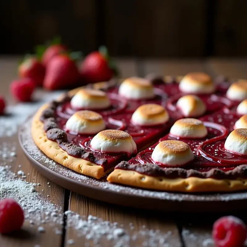 Pizza de Chocolate con Mermelada de Frutos Rojos y Malvaviscos: Postre Italiano Decadente