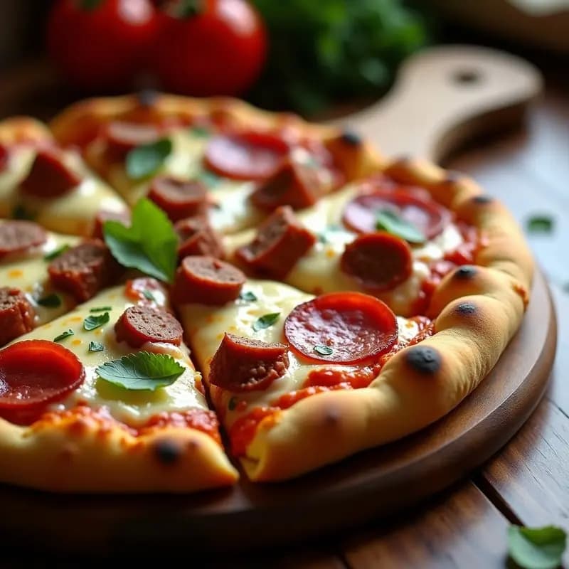 Pizza 5 Carnes con Queso Mozzarella y Stracchino Fundido y Base de Pan de Ajo: Receta Italiana para Amantes de la Carne