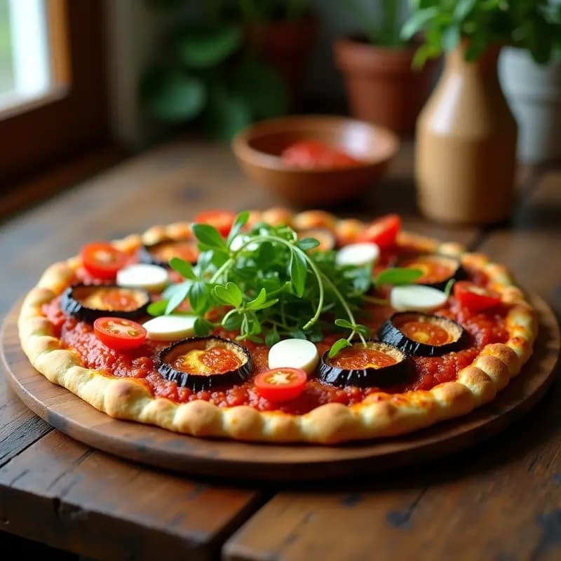 Pizza de Coliflor y Berenjena con Toppings de Chorizo Vegano y Queso de Anacardos