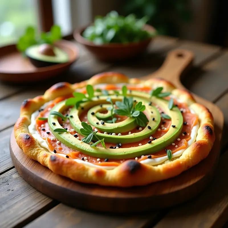 Pizza de Coliflor en Espiral: Base Crujiente con Toppings de Aguacate y Salmón Ahumado