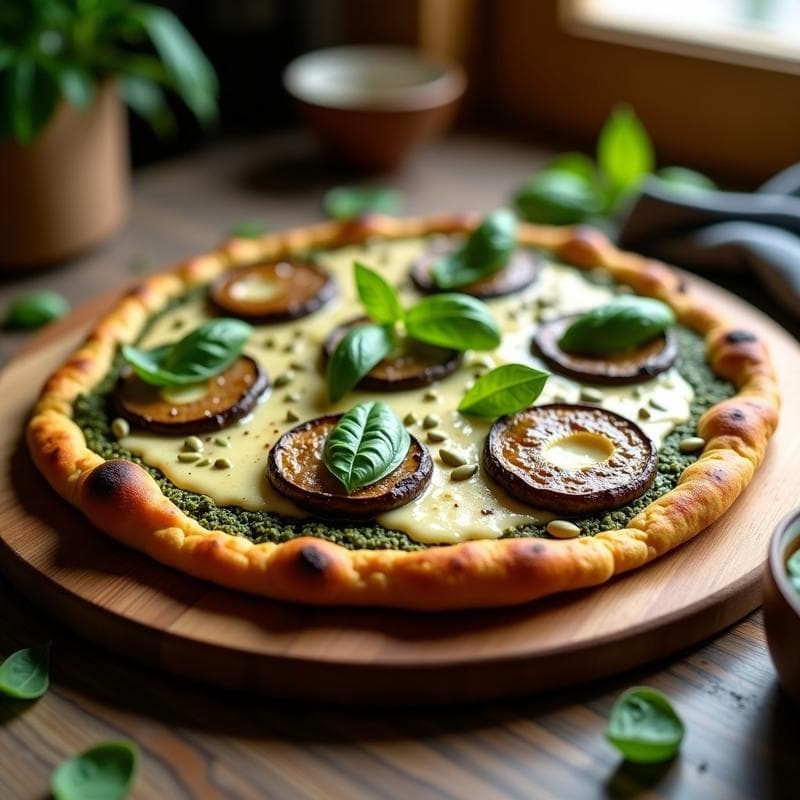 Pizza de Coliflor y Espirulina con Queso Vegano y Champiñones Portobello: Receta Sin Gluten en Airfryer