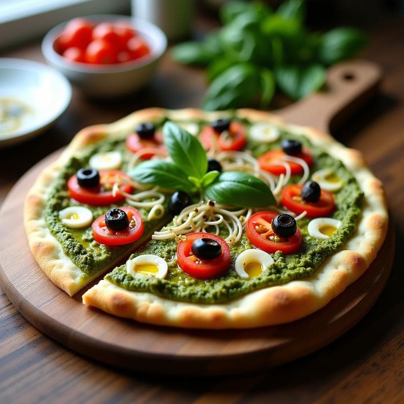 Pizza de Coliflor con Pesto de Espirulina y Queso Vegano: Receta Crudivegana Sin Horno