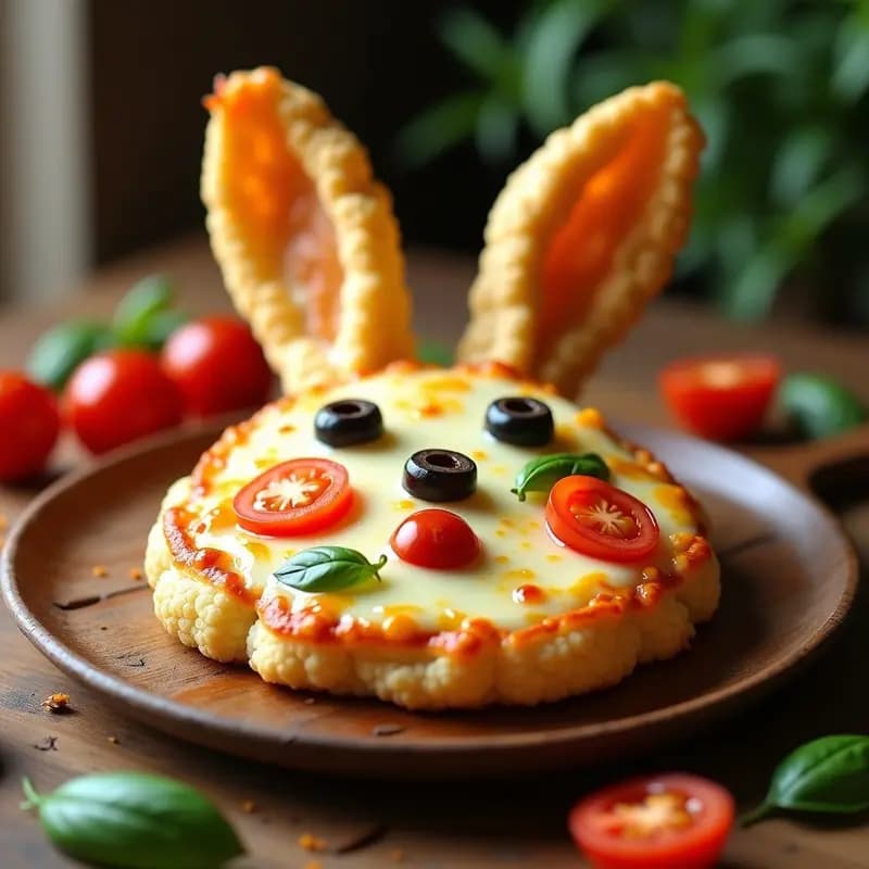 Pizza de Coliflor en Forma de Conejo: Receta Keto para Niños con Queso Mozzarella y Tomate Cherry