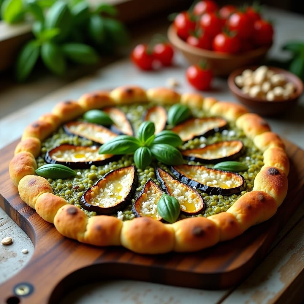 Pizza de Coliflor y Harina de Garbanzo con Toppings de Berenjena y Pesto de Albahaca