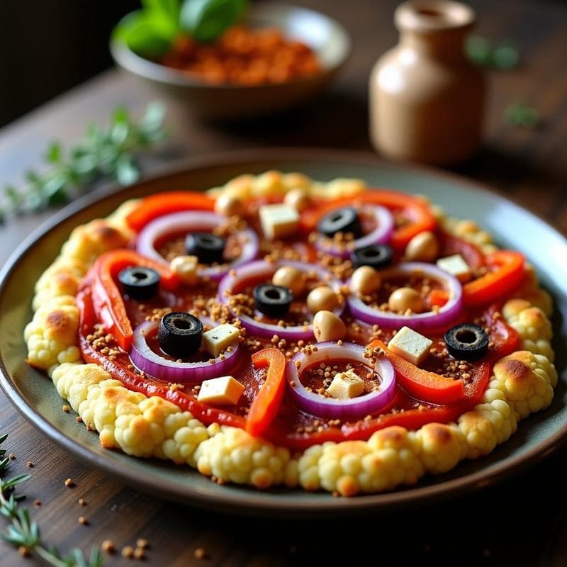 Pizza de Coliflor con Base de Garbanzos y Toppings de Za'atar: Receta Vegana Sin Horno
