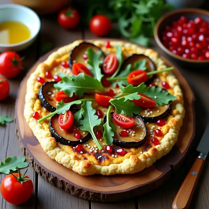 Pizza de Coliflor con Base de Hummus y Toppings de Berenjena Ahumada y Granados: Receta Crudivegana Sin Horno