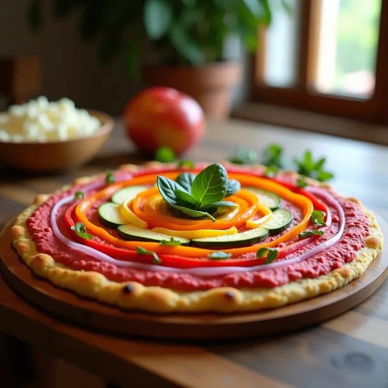 Pizza de Base de Coliflor con Hummus y Vegetales en Espiral: Receta Keto y Colorida
