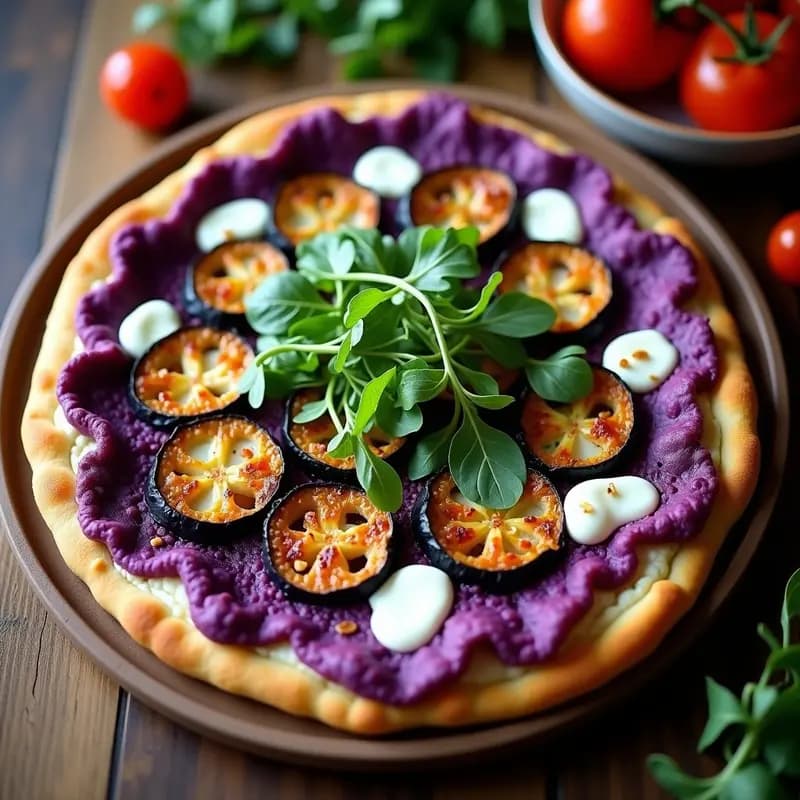 Pizza de Coliflor Morada con Toppings de Berenjena Ahumada y Queso de Cashew: Receta Vegana y Colorida
