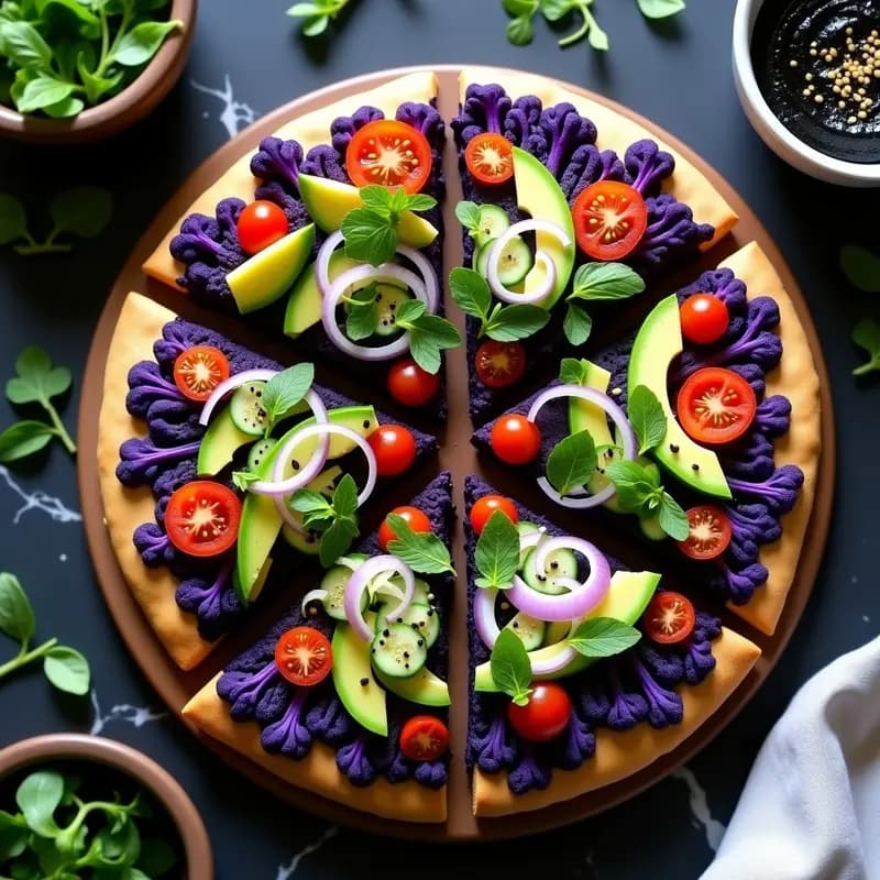 Pizza de Coliflor Morada con Base de Hummus Negro y Toppings Crudos