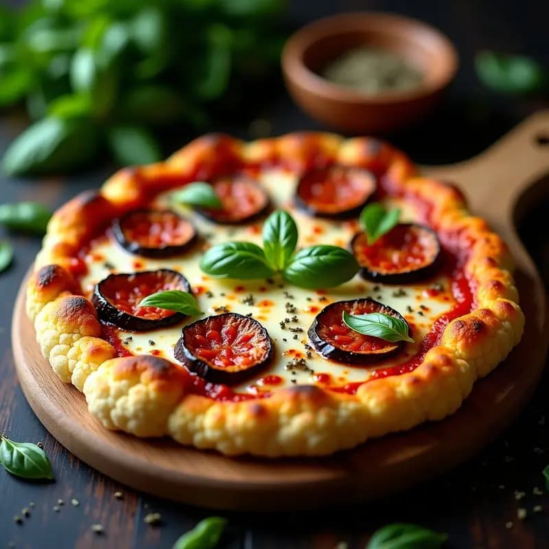 Pizaa de Coliflor con Pepperoni de Berenjena y Queso Vegano: Receta Italiana Keto