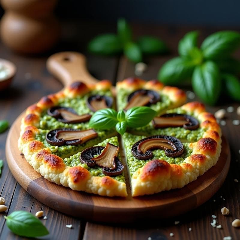 Pizza de Coliflor con Pesto de Albahaca y Champiñones Portobello: Receta Keto Sin Harina y Crujiente